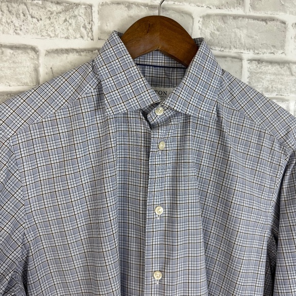 ETON Contemporary Light Blue & Gray Plaid Button Up Dress Shirt Mens 15.5 MEDIUM - Picture 1 of 8